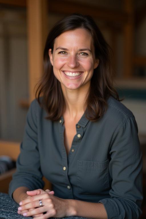 Portrait professionnel de Sarah Dubois, fondatrice de Chrysalide Digitale, souriante dans son atelier avec un métier à tisser en arrière-plan.