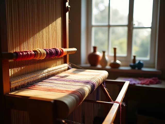Vue d'un métier à tisser artisanal avec des bobines de fils teints naturellement, lumière naturelle traversant une fenêtre.