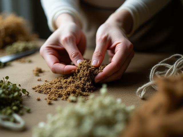 Mains d'artiste travaillant avec des pigments naturels et plantes pour la teinture textile.