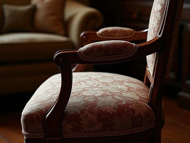 Housse de siège personnalisée tissée pour un fauteuil d'époque.