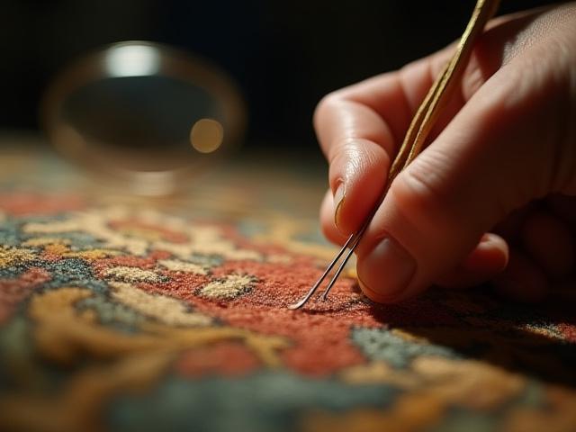 Gros plan sur la restauration d'un fragment délicat de tapisserie.