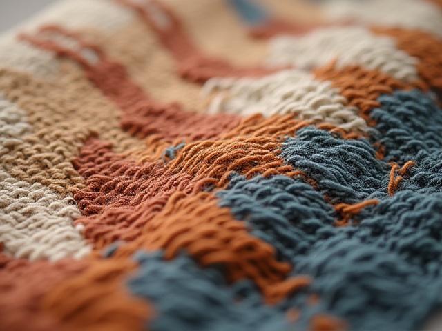 Photo d'une tapisserie abstraite aux couleurs terre, tissée à la main.