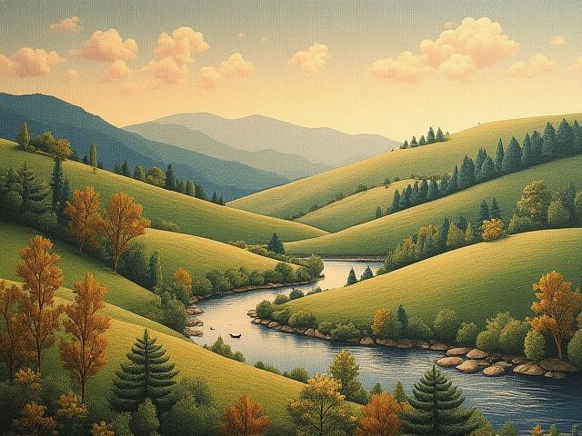 Tapisserie figurative représentant un paysage pastoral avec des arbres et une rivière.