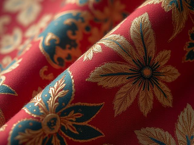 Détail d'un tissu Jacquard avec motif floral complexe et riche en couleurs.