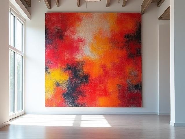 Œuvre d'art textile abstraite et colorée, accrochée dans une galerie lumineuse, avec des jeux de lumière.