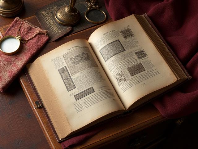 Livre ancien ouvert sur des planches de motifs textiles historiques, accompagné d'une loupe et d'échantillons de tissus anciens.