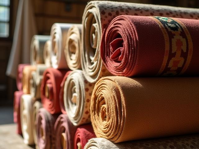 Gros plan sur des rouleaux de tissus artisanaux aux motifs complexes, empilés dans un atelier lumineux.