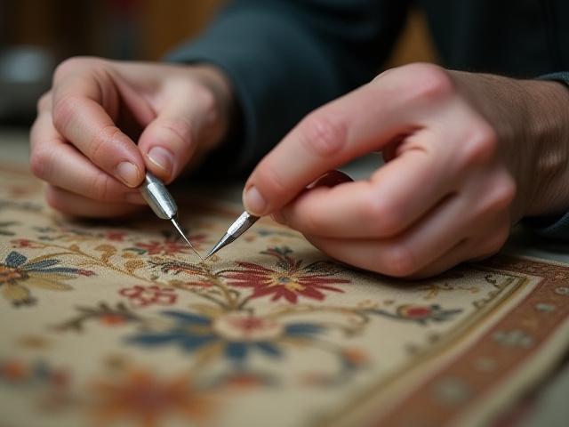 Main d'un restaurateur travaillant délicatement sur une ancienne tapisserie abîmée, avec des outils spécialisés.