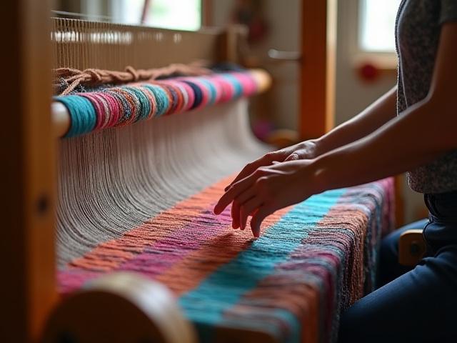 Métier à tisser ancien avec un tissu coloré en cours de création, bobines de fil en arrière-plan.